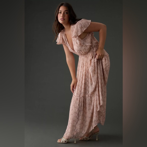 Anthropologie Plus Size 1X Sheer V-Neck Flutter Sleeve Midi Dress EUC - Picture 3 of 13